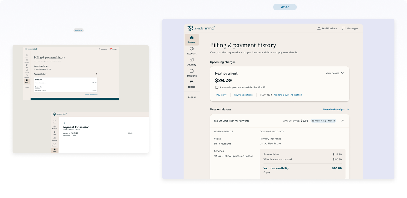 Before and after — old payment-first billing page versus new claim-first billing page with full breakdown